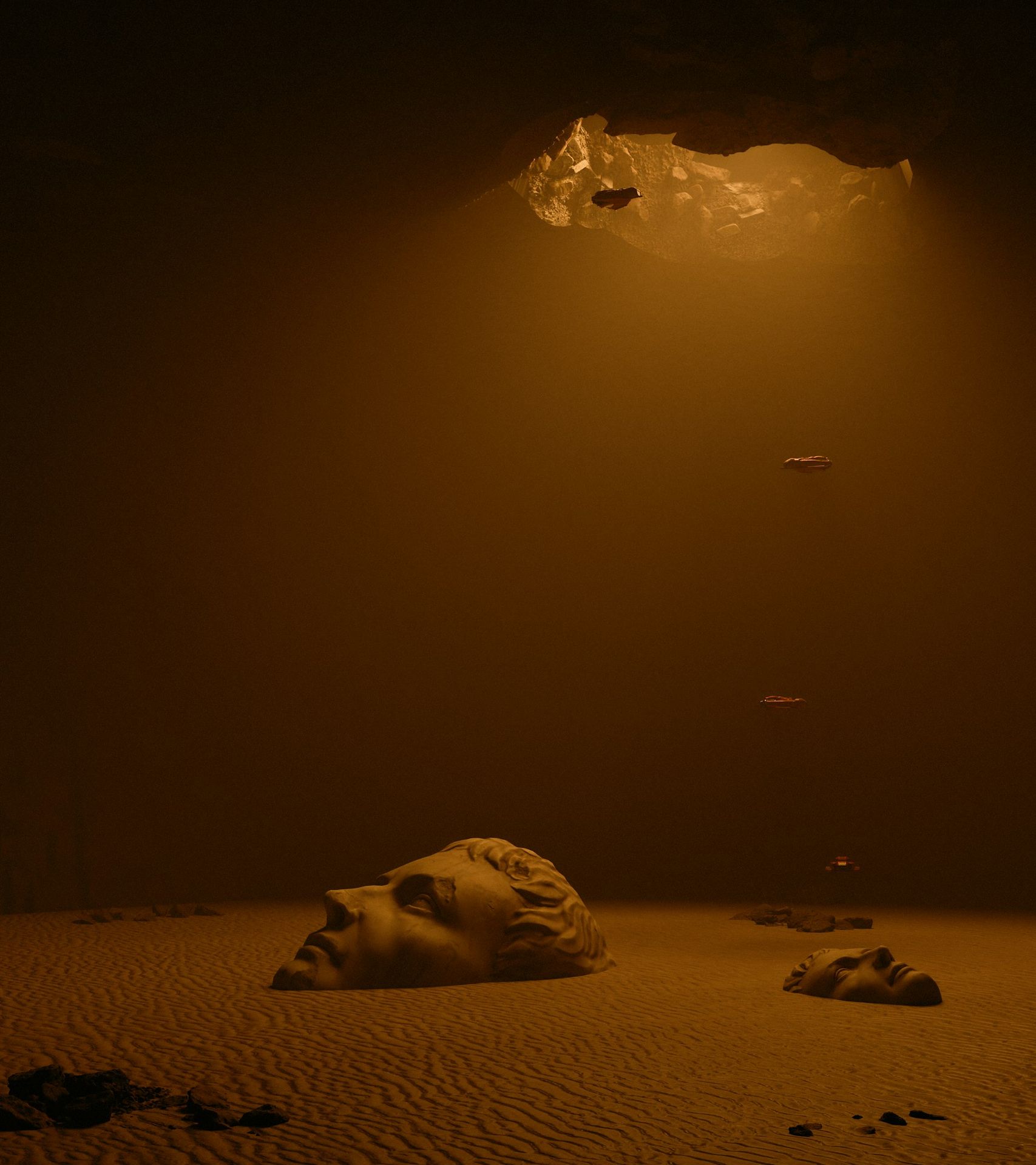 A snow covered field with a light shining on it